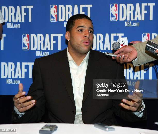 Draft prospect Sean May, a power forward from the University of North Carolina, speaks to the media during a pre-draft news conference at the Westin...