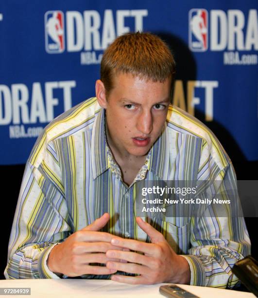 Draft prospect Yaroslav Korolev of Russia speaks to the media during a pre-draft news conference at the Westin New York Hotel in Times Square.