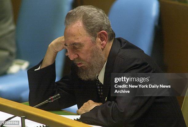 Cuban president Fidel Castro reviews his speech before addressing a meeting of world leaders at the United Nations Millenium Summit.