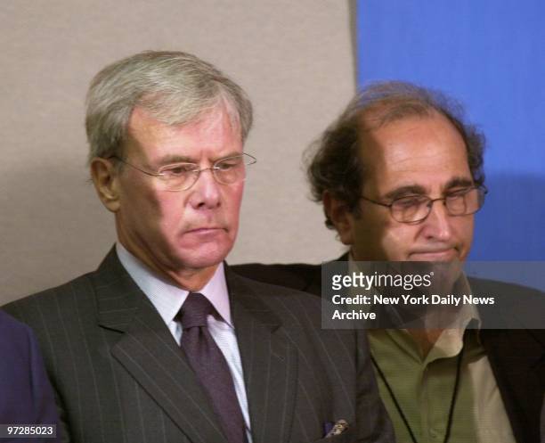 Nightly News anchor Tom Brokaw and NBC President Andy Lack listen somberly at news conference inside NBC office at 30 Rockefeller Center, where it...