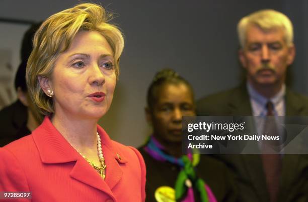 Sen. Hillary Clinton stands with representatives of Mount Sinai Hospital and New York City labor unions as she announces a major new health-tracking...