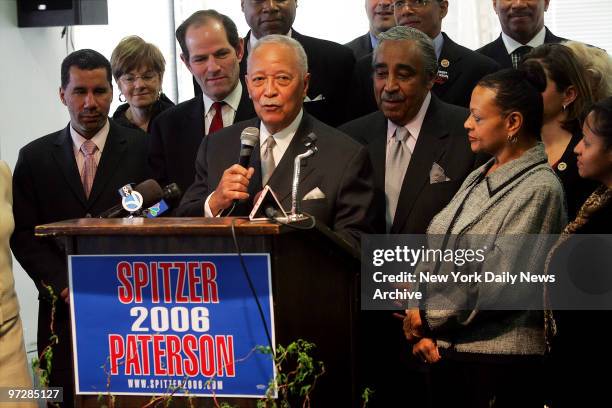 Former Mayor David Dinkins is joined by Rep. Charles Rangel and other Harlem Democrats as he gives his endorsement to State Attorney General and...