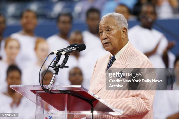Former Mayor David Dinkins speaks during a ceremony honoring the 50th anniversary of Althea Gibson's U.S. National Championship, on opening night of...