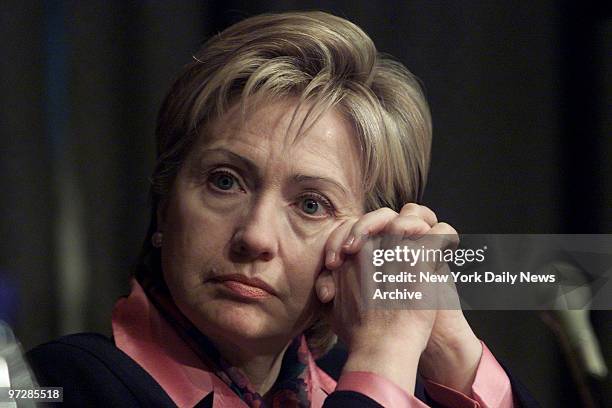 Sen. Hillary Rodham Clinton listens during Health and Human Services Secretary-designate Tommy Thompson's confirmation hearing before the Senate...