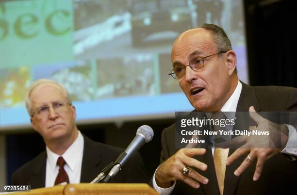 Former Mayor Rudolph Guiliani talks about upcoming security exercises at Indian Point nuclear power plant during a news conference at Westchester...