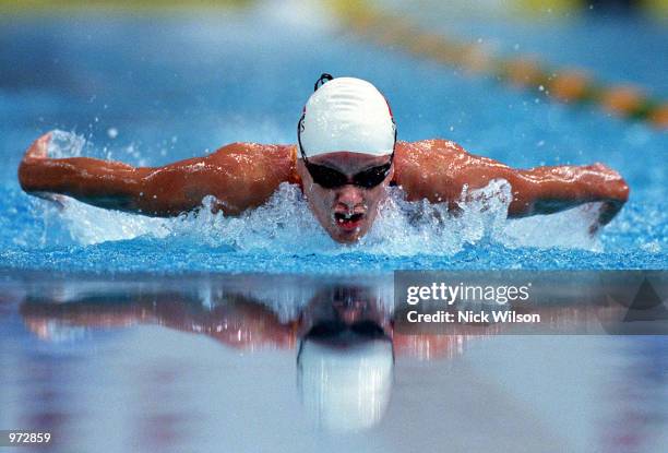 Inge de Bruijn of the Netherlands on her way to winning the 50m Butterfly during the Qantas Skins Swimming Meet held at the Sydney International...