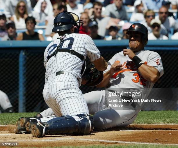 New York Yankees' catcher Jorge Posada puts the tag on the Baltimore Orioles' Luis Matos in the first inning of a game at Yankee Stadium. The Yanks...