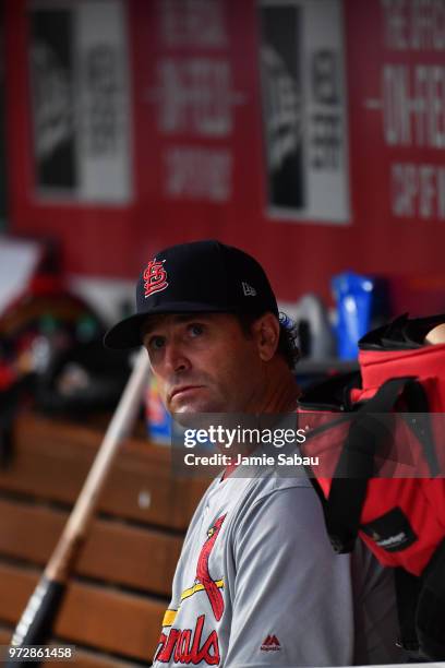 Manager Mike Matheny of the St. Louis Cardinals watches his team play against the Cincinnati Reds at Great American Ball Park on June 8, 2018 in...