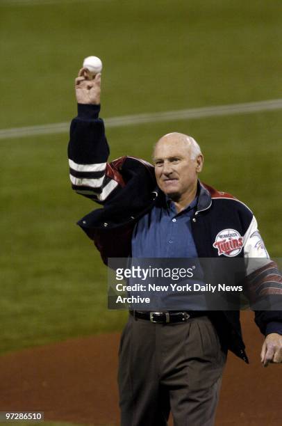 Former Minnesota Twins' Hall of Famer Harmon Killebrew tosses out the first pitch at the start of Game 3 of the American League Division Series...