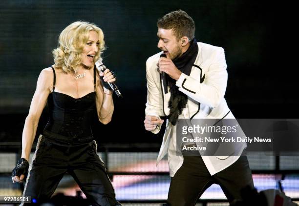 Madonna, with special guest Justin Timberlake, in concert to promote her new album, "Hard Candy", at Roseland Ballroom.