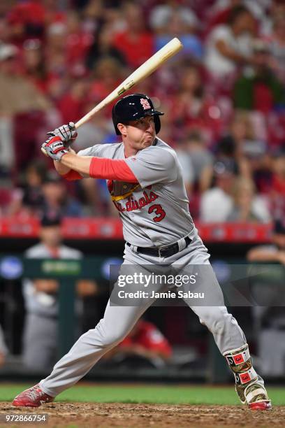 Jedd Gyorko of the St. Louis Cardinals bats against the Cincinnati Reds at Great American Ball Park on June 8, 2018 in Cincinnati, Ohio.