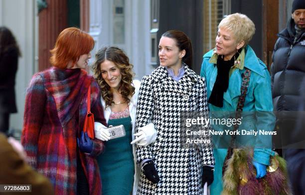 Cynthia Nixon, Sarah Jessica Parker, Kristin Davis and Kim Cattrall walk along Greene St. During filming of a scene for the last episode of "Sex and...