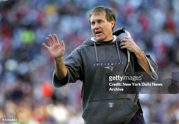 New England Patriots' head coach Bill Belichick on the sideline during the second half of the AFC wild-card game against the New York Jets at...