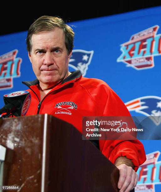 New England Patriots' head coach Bill Belichick speaks during a media availability session at the team's hotel in Scottsdale, Ariz. The Pats will...