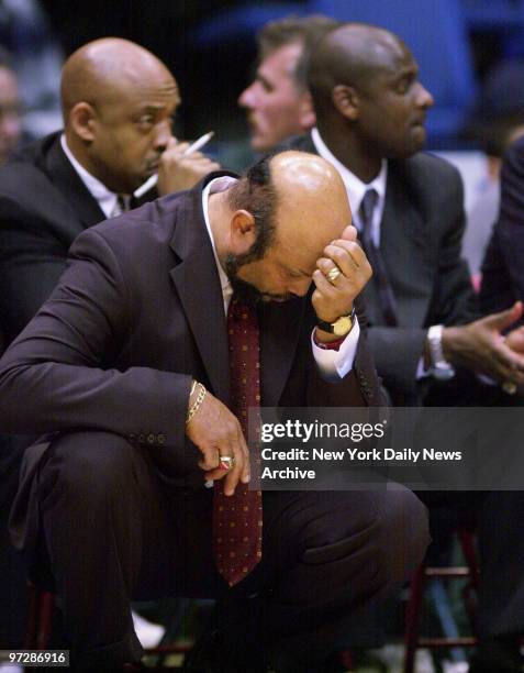 St. John's coach Mike Jarvis hangs his head in the final moments of their game against the Hofstra Pride. The Red Storm ended up losing, 86-80, at...