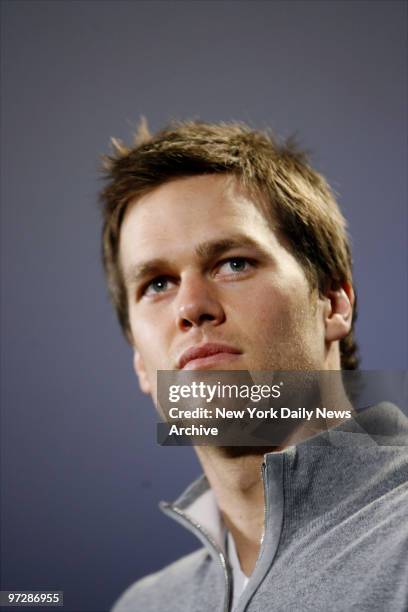 New England Patriots' quarterback Tom Brady fields questions during a news conference at the team's hotel in Scottsdale, Ariz. The Pats will play the...