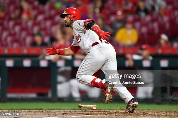 Eugenio Suarez of the Cincinnati Reds bats against the St. Louis Cardinals at Great American Ball Park on June 8, 2018 in Cincinnati, Ohio.