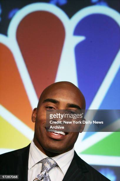 Former New York Giants' running back Tiki Barber smiles during a news conference at NBC studios in Rockefeller Center where he was introduced as a...