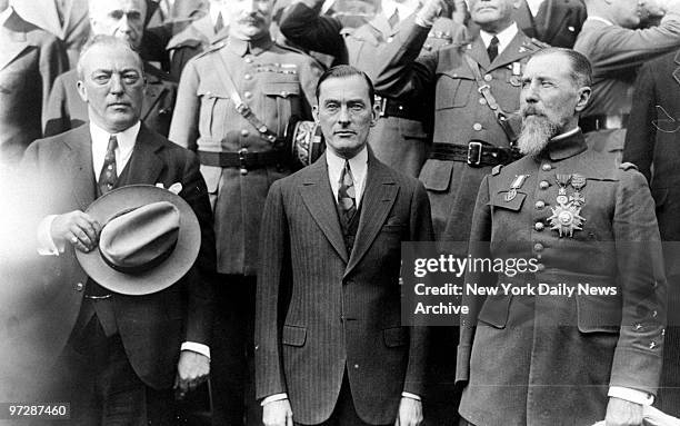 Major William F. Deegan, Mayor James Walker and General Henri Gouraud, Military Governor of Paris , on steps of City Hall.