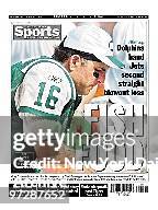 Daily News back page 9/23/02, Dolphins hand Jets second straight blowout loss, FISH FOOD, Vinny Testaverde sits out after he's replaced by Chad...