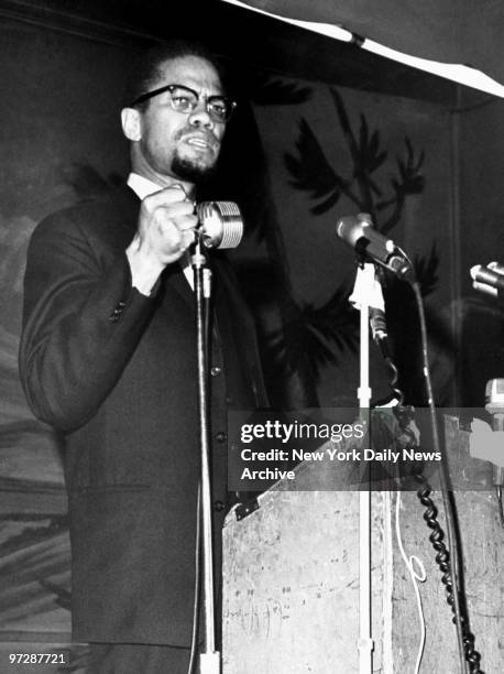 Malcolm X speaks at the Audubon Ballroom in Harlem on Feb. 15, 1965. Six days later, on Feb. 21, he was shot to death as he was about to speak in the...