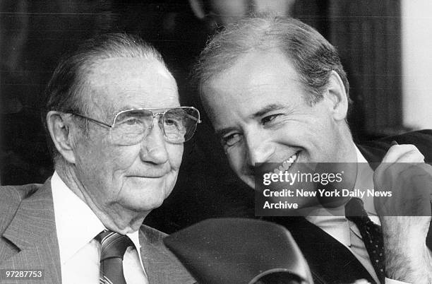 View of American politician, US Senator, and Chairman of the Senate Judiciary Committee Joseph Biden during a hearing, Washington DC, September 15,...