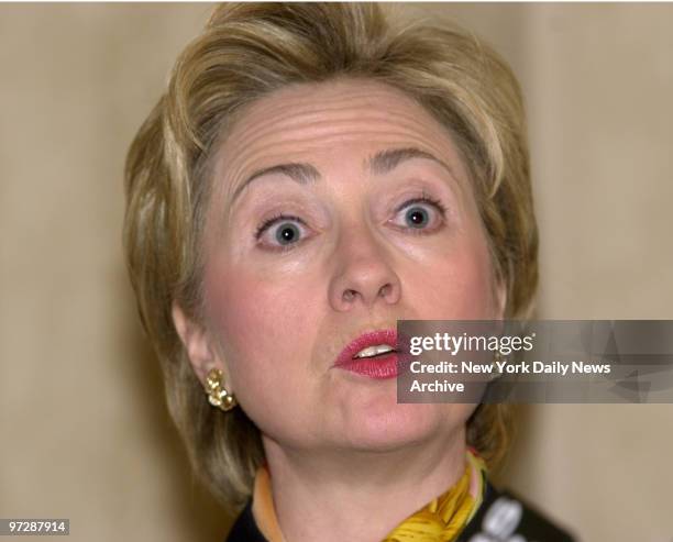 Senate candidate Hillary Rodham Clinton answers questions from reporters at the 15th annual Child Abuse Prevention Services Spring Luncheon in...