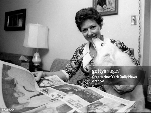 Cacilia Davis with her dog Snowball discussing encounter with killer David Berkowitz.