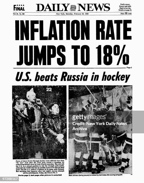 Daily News front page February. 23 Headline: INFLATION RATE JUMPS TO 18%, U.S. Beats Russia in hockey, Faces of three Soviet Olympic hockey team...
