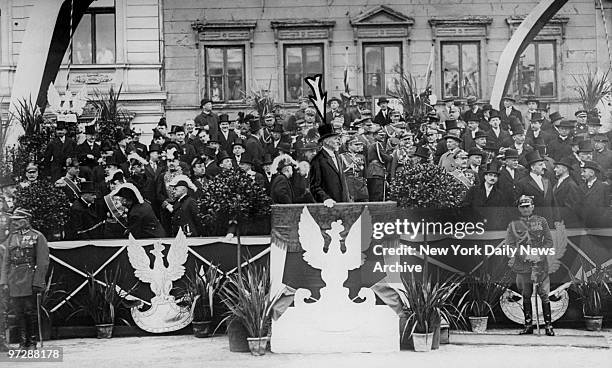 The President of Poland Stanislaw Wojcjiechowski together with members of the diplomatic corp reviewing a military parade on Polish Independence day...