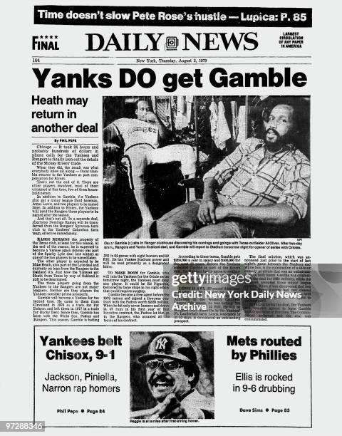 Daily News back page dated August 2 Headline: Yanks DO get Gamble, Health may return in another deal, Oscar Gamble sits in Ranger clubhouse...