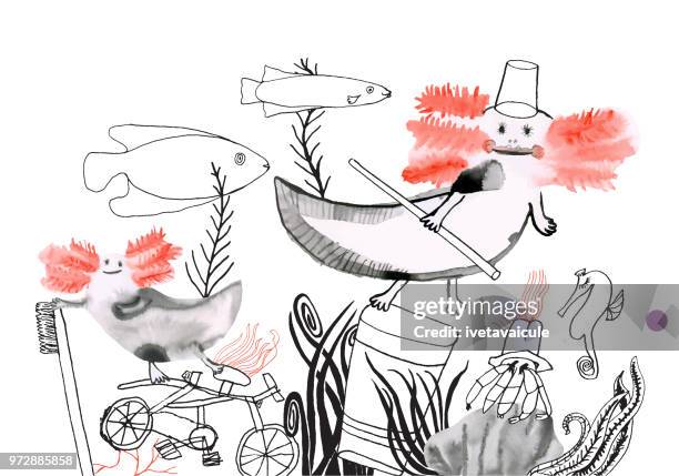 stockillustraties, clipart, cartoons en iconen met salamander en plastic vervuiling van de zee - alg