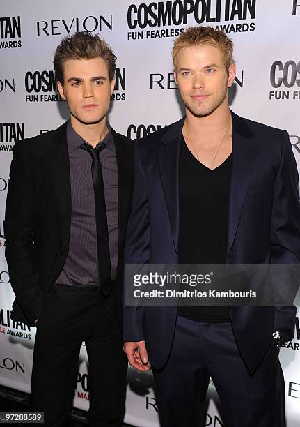 Actors Paul Wesley and Actor Kellan Lutz attend Cosmopolitan Magazine's Fun Fearless Males of 2010 at the Mandarin Oriental Hotel on March 1, 2010 in...