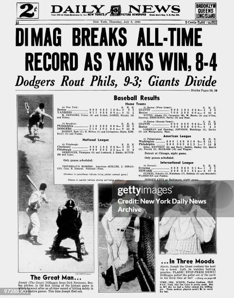 Daily News back page July 3 Headline: DIMAG BREAKS ALL-TIME RECORD AS YANKS WIN, 8-4, Dodgers Rout Phils, 9-3; Giants Divide, New York Yankees Joe...