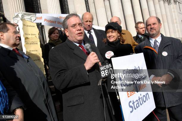 Manhattan Borough President Scott Stringer speaks as he's joined by fellow politicians, and civic and business leaders gathered on the steps of the...