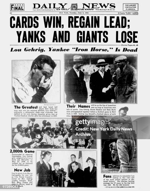 Daily News back page June 3 Headline: CARDS WIN, REGAIN LEAD; YANKS AND GIANTS LOSE, Lou Gehrig, Yankee "Iron Horse," Is Dead