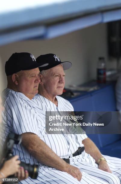 Former New York Yankees' pitcher Whitey Ford sits in the dugout with Yanks' bench coach Don Zimmer during 57th annual Old-Timers' Day festivities at...
