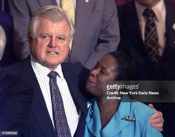 Senator Ted Kennedy gets a comforting word from Texas Rep. Sheila Jackson- at a Democratic Unity rally in the Russell Senate office building. The...