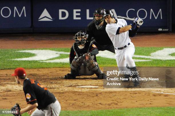 New York Yankees' Derek Jeter breaks Lou Gehrig's franchise hit record in the third inning of game against Baltimore Orioles. Jeter's 2,772 hit as a...