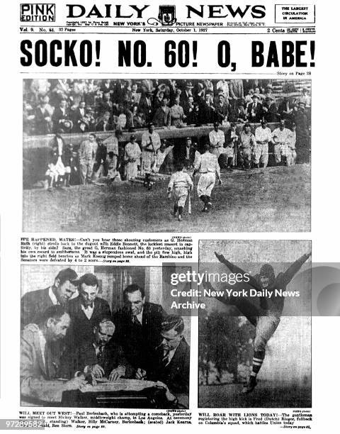 Daily News Back page Saturday October 1, 1927 Headline: SOCKO! NO. 60! 0, BABE! , story of Babe Ruth hitting his 60th home run