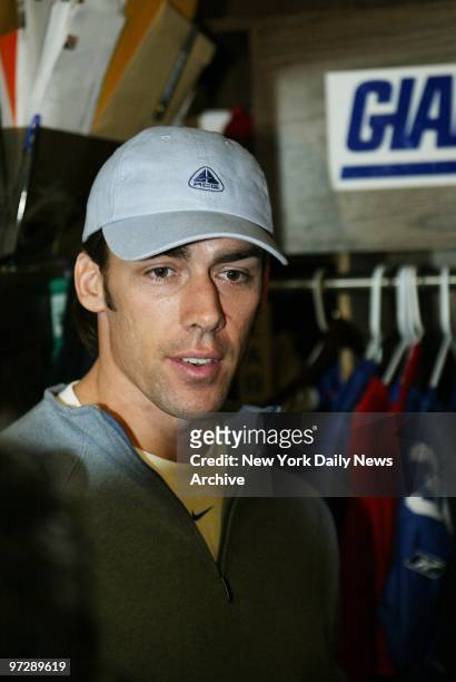 New York Giants' corner back Jason Sehorn speaks to media in the locker room at Giants Stadium the day after his team blew a 24-point lead and lost...