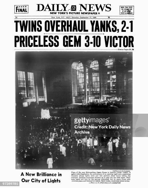 Daily News back page dated September 17 Headline: TWINS OVERHAUL YANKS, 2-1, PRICELESS GEM 3-10 VICTOR, A New Brilliance in Our City of Lights.,...