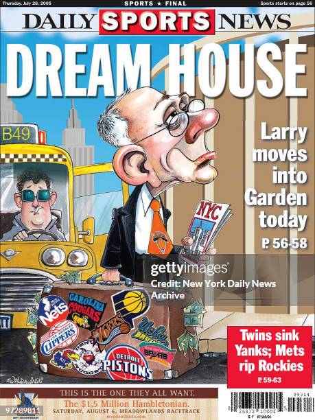 Daily News back page dated Thursday, July 28 Headlines: DREAM HOUSE, Larry moves into Garden today, Twins sink Yanks; Mets rip Rockies