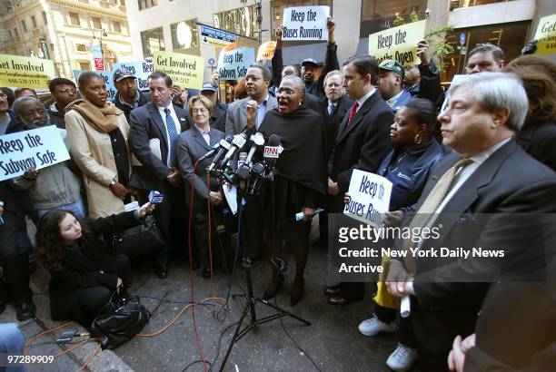 Manhattan Borough President Virginia Fields speaks at a Straphangers Campaign demonstration against proposed fare hikes outside Metropolitan...