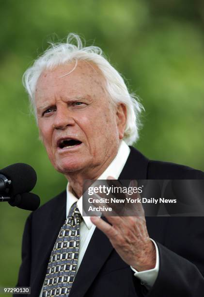 The Rev. Billy Graham delivers his sermon to a throng of nearly 100,000 worshipers at Flushing Meadows-Corona Park in Queens on Sunday, the last day...