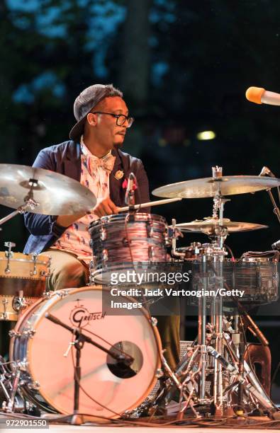 American jazz drummer Emanuel Harrold performs with the Gregory Porter Septet at a concert in the Blue Note Jazz Festival at Central Park...