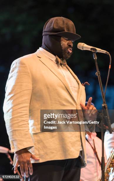 American Jazz singer Gregory Porter performs with his Septet at a concert in the Blue Note Jazz Festival at Central Park SummerStage, New York, New...