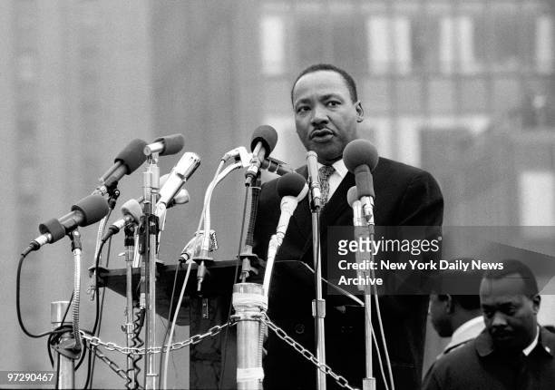 The Rev. Dr. Martin Luther King Jr. Speaks to peace marchers near the United Nations.