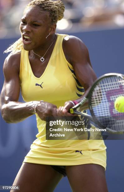 Serena Williams slams the ball to Martina Sucha of Slovakia during the U.S. Open tennis tournament in Flushing Meadows - Corona Park, Queens....