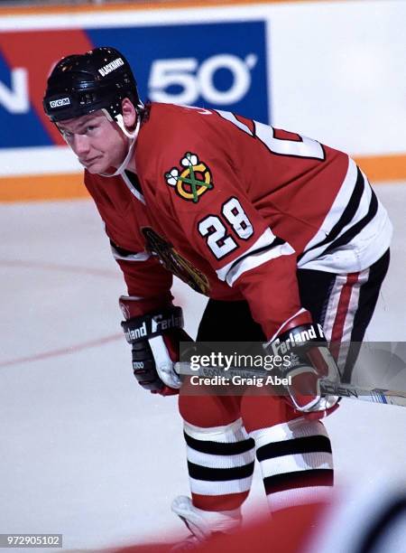 Steve Larmer of the Chicago Black Hawks skates against the Toronto Maple Leafs during NHL game action on December 23, 1989 at Maple Leaf Gardens in...